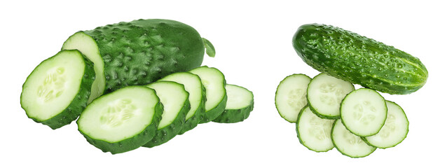 Sliced cucumber isolated on white background with full depth of field