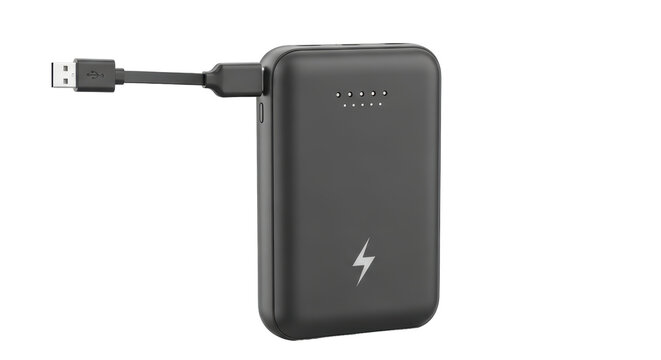 Isolated black power bank with built-in USB cable and lightning icon, portable charger