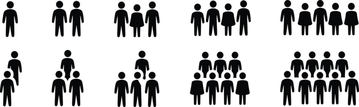 Groupings of stylized human figures in increasing numbers from one to six Keywords: people, group, figures, individuals, man