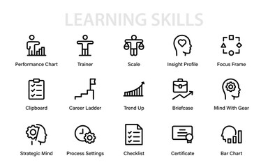 Learning Skills Modern Line Icon Set with Professional Minimal Vector Style for Personal Growth, Productivity, Career Building, and Achievement Concepts