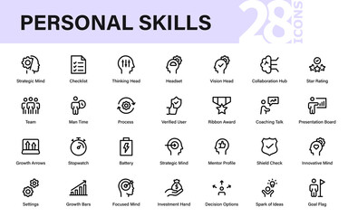 Personal Skills Professional Line Icon Set with Unique Minimal Vector Style for Growth, Knowledge, Career Development, and Productivity Improvement Themes