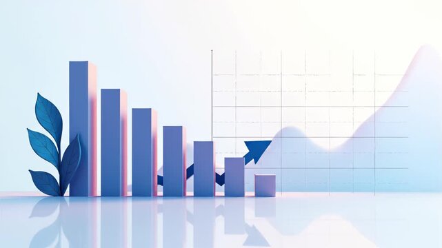 Growing bar chart with rising arrow and leaves on white background