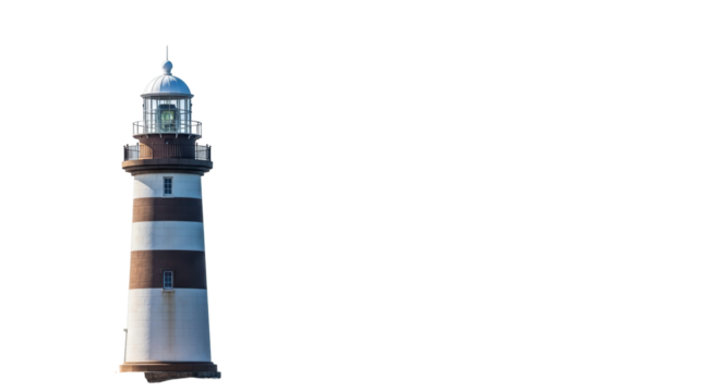 Isolated lighthouse tower with brown and white horizontal stripes, architectural landmark