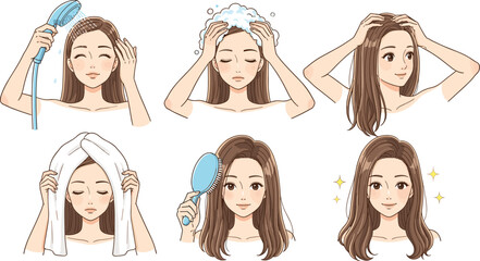 Illustrating the complete hair care routine, from washing and shampooing to drying and brushing, showcasing the steps for achieving beautiful, healthy, and shiny hair