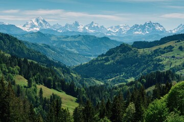 Fototapeta premium Swiss Alps mountain range with lush forest valleys and meadows, countryside in Switzerland landscape. Snowy mountain tops in the horizon, travel destination wallpaper background See Less