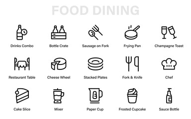 Food dining Modern Line Icon Collection, Professional Minimal Vector Outline Set of Kitchen, Dining, Cooking, Beverage, and Culinary Symbol Graphics