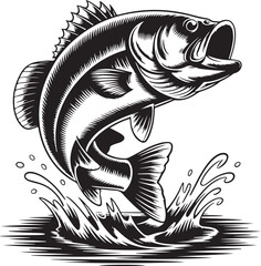 Black And White Illustration Of A Bass Fish Leaping From Water