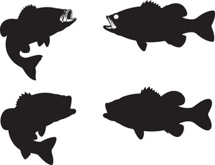 Collection of black bass fish silhouettes aquatic