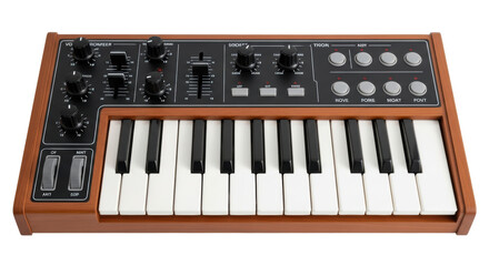 Isolated vintage analog synthesizer with wooden frame and keyboard for electronic music © Aline