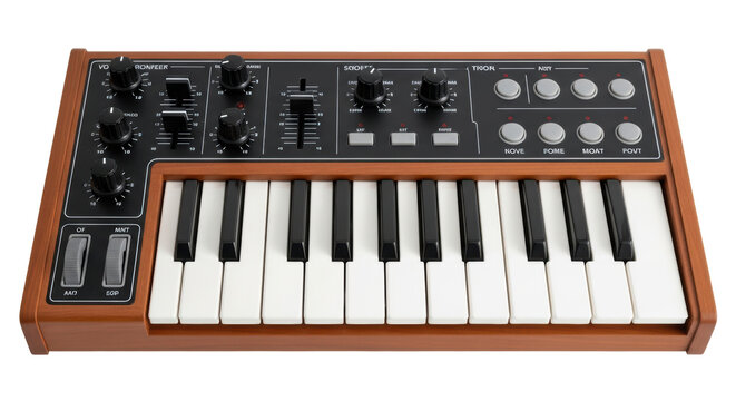 Isolated vintage analog synthesizer with wooden frame and keyboard for electronic music