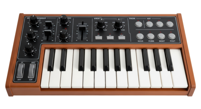 Isolated vintage analog synthesizer with wooden frame and keyboard for electronic music