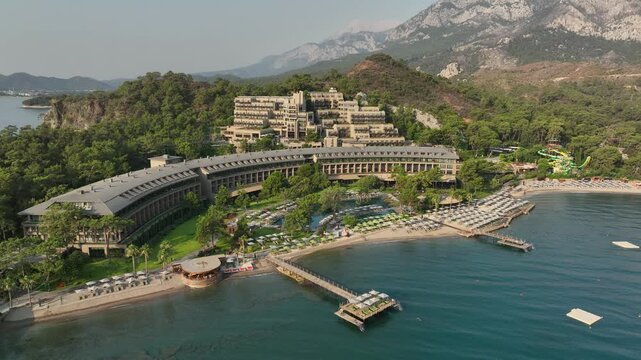 Aerial view of beautiful beach and luxury hotel NG Phaselis Bay