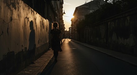 A person walking down a street in the evening