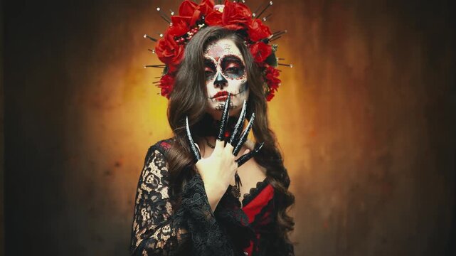 Close-up waving hand gesture inviting sign follow me. gothic fantasy woman sugar skull body art make-up face red lips roses in wavy hair. sexy girl skeleton day of the dead. Halloween costume party