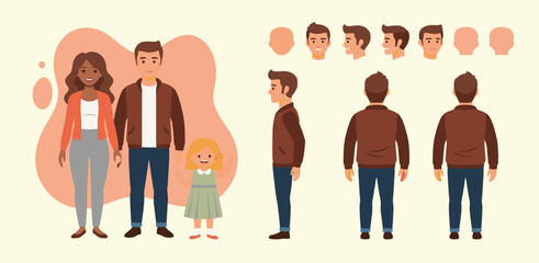 Complete character constructor kit featuring a modern multicultural family. Includes a male character turnaround sheet for 2D animation projects