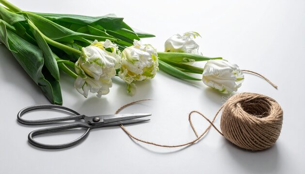 White tulips with green stems, metal scissors, and brown twine arranged on a white surface—ideal for DIY floral kits, craft supplies, or minimalist product styling. - Powered by Adobe