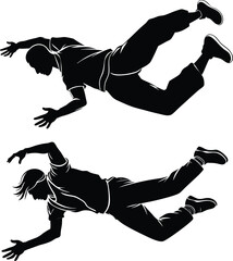 Silhouettes of men in dynamic diving poses falling