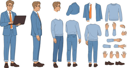 Versatile male character constructor for animation, featuring a businessman in a suit and casual clothing with multiple views and hand gestures