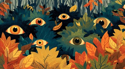 Abstract Surreal Illustration with Eyes Hidden in Autumn Leaves and Bushes in Dark Forest Setting