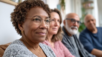 Senior woman smiling with friends in retirement home, active seniors enjoying social time together