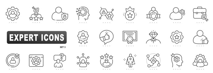 Expert icons illustrating expertise, certification, leadership, verified quality, recruitment, consulting, strategy, teamwork, and network connections in clean outline, editable stroke