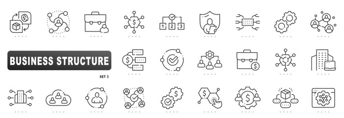 Business structure icons depicting organization hierarchy, management workflows, teams, finance, governance, approval, integration, and operations in clean outline, editable stroke