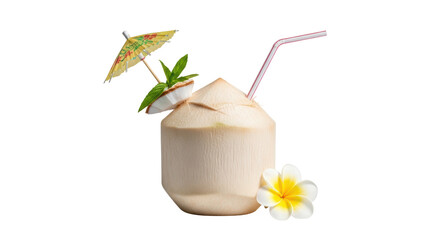 Isolated tropical young coconut drink with flower and straw, refreshing and exotic drink