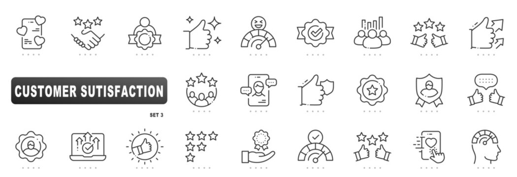 Outline icon set illustrating customer satisfaction, rating, feedback, support, loyalty, NPS metrics, reviews, engagement, trust, verified quality, service, performance, analytics