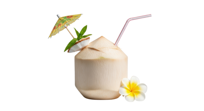 Isolated tropical young coconut drink with flower and straw, refreshing and exotic drink