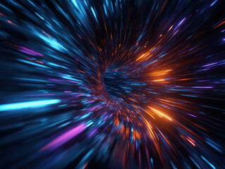 Obraz premium Mesmerizing tunnel of vibrant blue and orange light streaks creates dynamic sense of motion and energy, evoking futuristic and cosmic journey through space