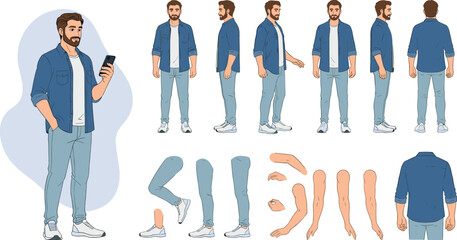 Vector character creation set of a casual young man for animation. Turnaround sheet with different poses and separate body parts