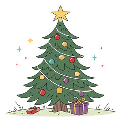 A beautiful Christmas tree decorated with ornaments and a star, with presents underneath it, against a snowy winter background