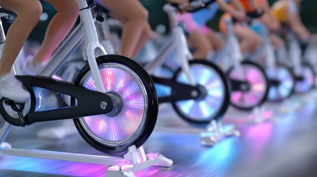 Indoor cycling race in a spin class studio with LED lights and synchronized pedaling for fitness energy.