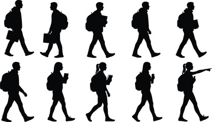 Silhouettes of diverse students walking with backpacks and books, isolated on white background, education concept, campus life, youth, learning, active lifestyle vector.