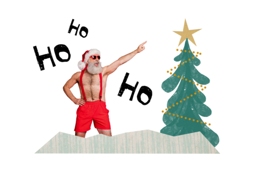 Composite trend artwork sketch image photo collage of new year christmas holiday aged man santa claus hoho handsome finger point tree - Powered by Adobe