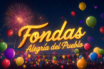 Fondas Alegría del Pueblo: Festive Graphic with Fireworks and Balloons
