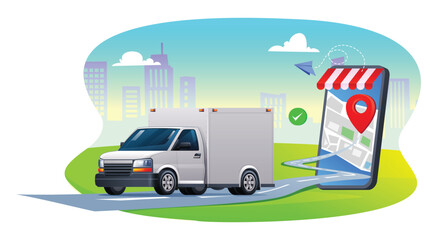 Naklejka premium Delivery truck leaving a smartphone map with store location. Fast online delivery service concept. Vector cartoon illustration