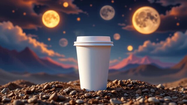 Celestial Coffee Break: A lone coffee cup stands against a breathtaking extraterrestrial backdrop, illuminated by ethereal moons and starlight.