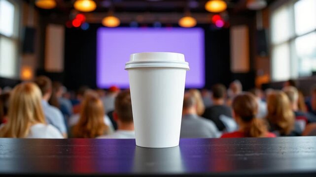 Coffee Break: A disposable coffee cup stands proudly atop a wooden table, set against the backdrop of an event presentation.