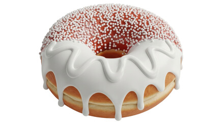 Isolated doughnut with white icing dripping and small white sprinkles on top, closeup
