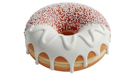 Isolated doughnut with white icing dripping and small white sprinkles on top, closeup