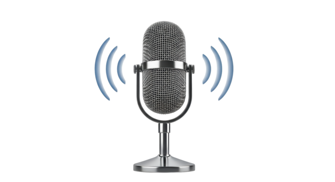 Isolated retro microphone emitting audio signal for broadcasting, podcasting or recording