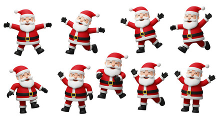 Fototapeta premium Joyful 3D Cartoon Santas in Festive Poses – High-Resolution Christmas Character Set