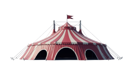 Isolated vintage red-and-white striped circus tent for entertainment, without background