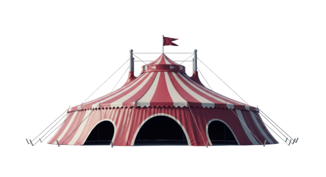 Isolated vintage red-and-white striped circus tent for entertainment, without background