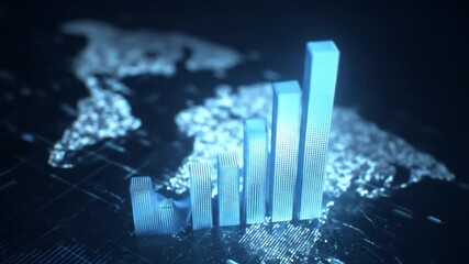 Rising blue 3D bar chart against a blurry world map backdrop, suggesting global growth - Powered by Adobe