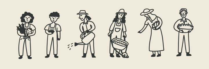 Doodle Farmer Market People Set. Hand Drawn Farm Agriculture Garden Vegetable Character Collection. Line Vector Illustration