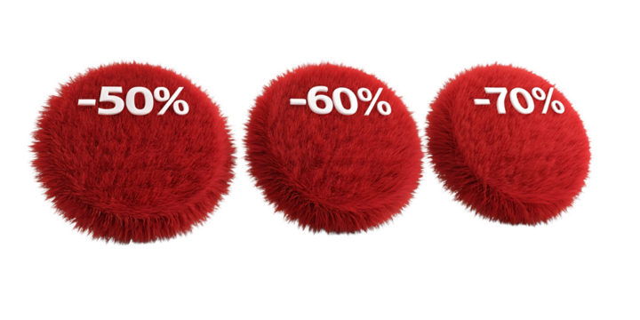 Red fluffy discounts sale up to seventy, isolated on transparent background - Powered by Adobe