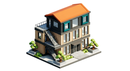 modern lowpoly house 3d model stylish architecture, detailed exterior, game asset, isolated on transparent background