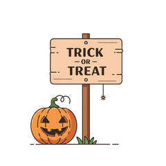 Cartoon Halloween pumpkin with trick or treat sign on Transparant background